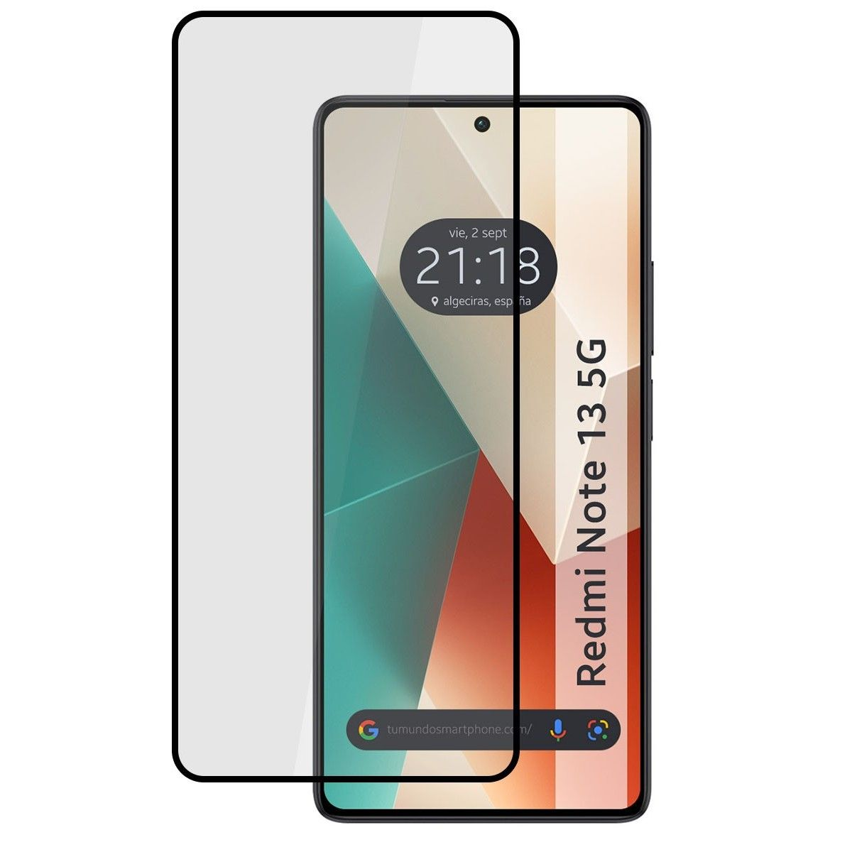 Smartphone con protezione schermo. Display mostra ora e luogo. Custodia a sinistra.