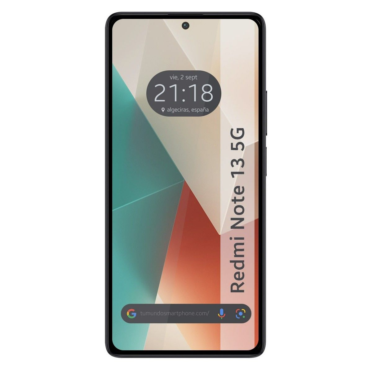 Schermo di uno smartphone che mostra data e ora, con sfondo sfumato e nome del telefono.