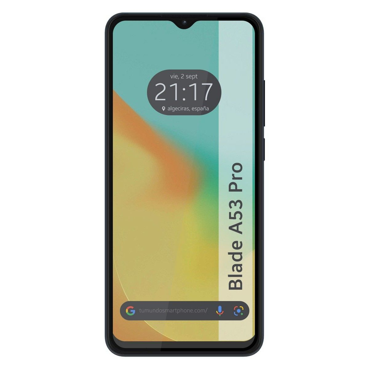 Smartphone che mostra uno schermo con data e ora, e le parole 'Blade A53 Pro'.
