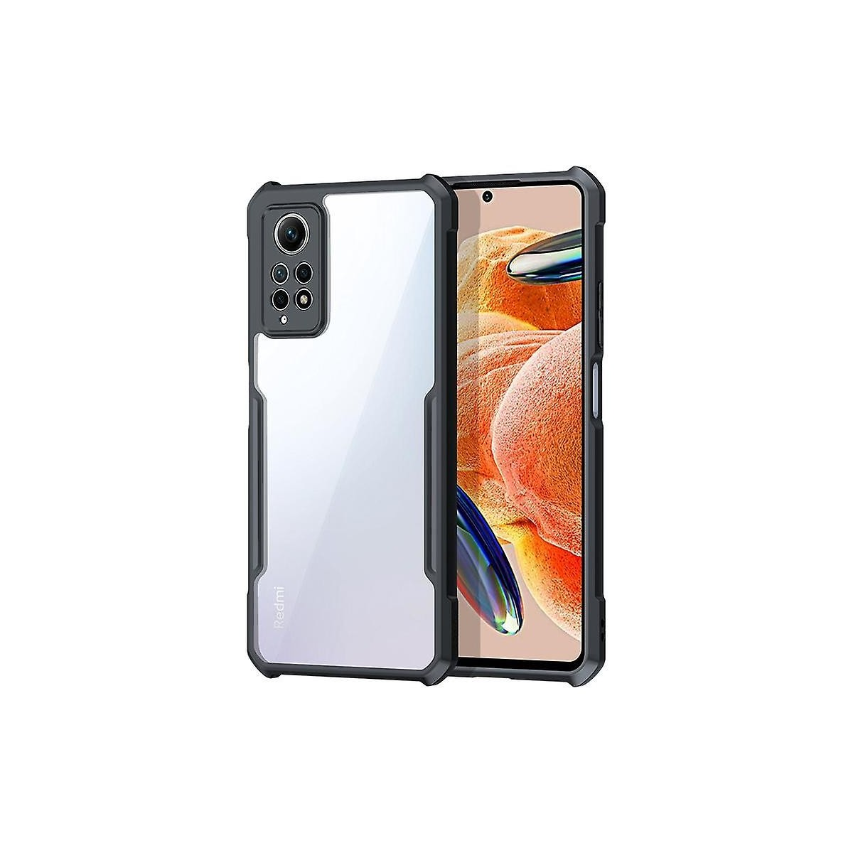 Telefono Redmi in una custodia grigio scuro, che mostra uno schermo con un'immagine sfocata, su sfondo bianco.