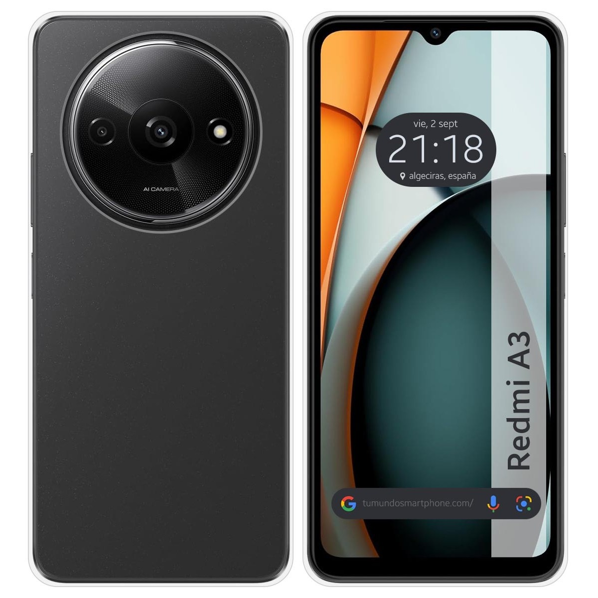 Custodia nera per telefono. Il telefono mostra l'ora e la data. Il telefono è un Redmi A3.
