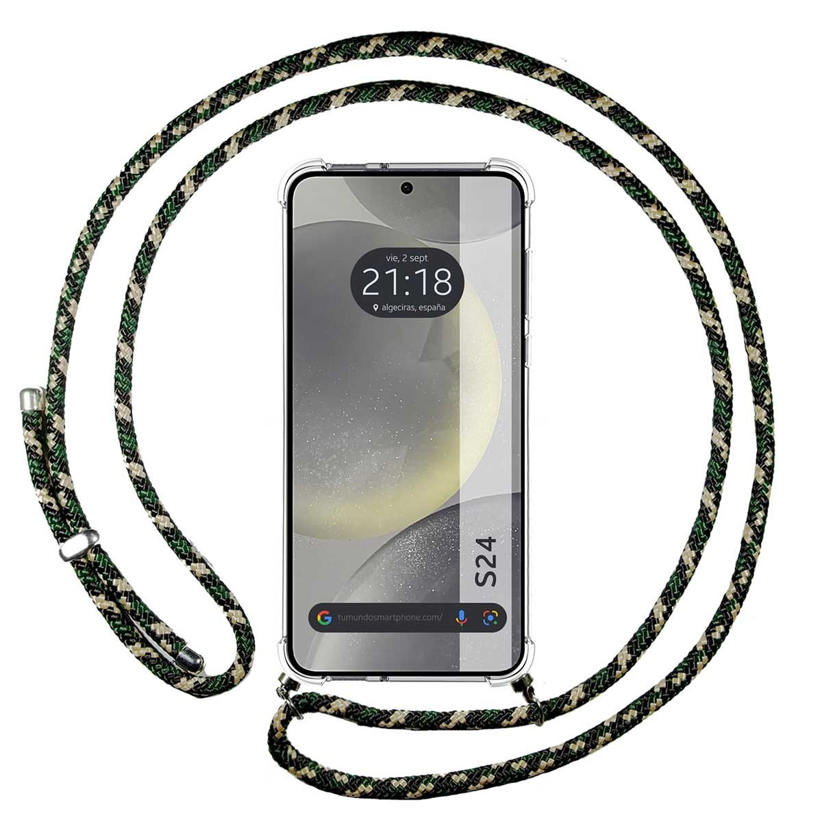 Un telefono con una cinghia, che mostra uno schermo con una data e una posizione.