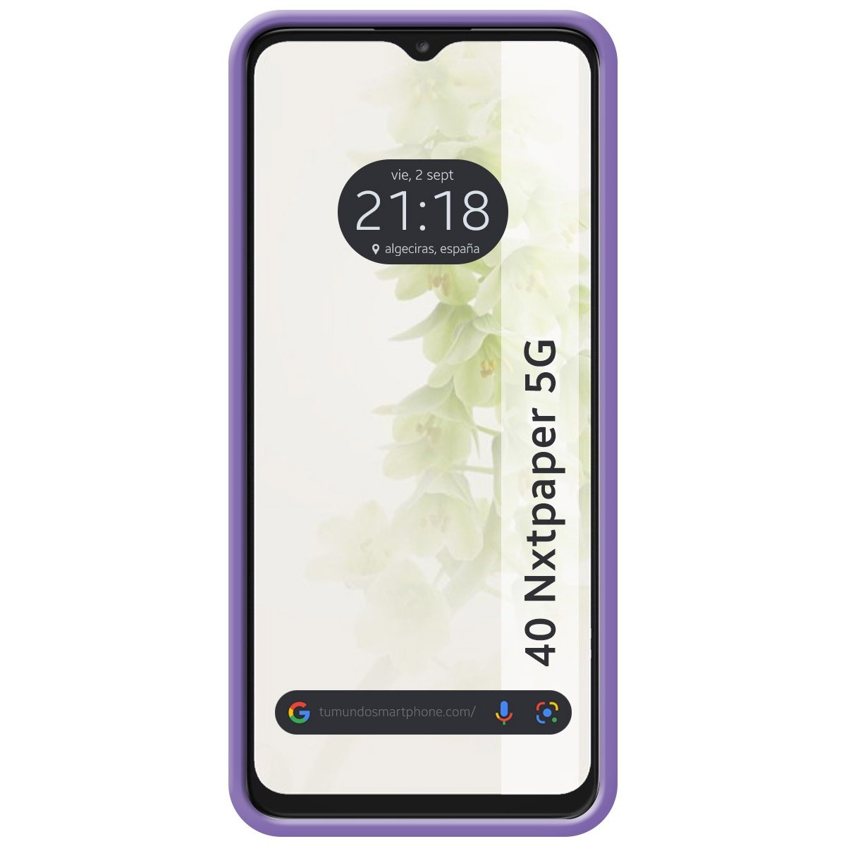 Smartphone con cornice viola, con orario e sfondo floreale.
