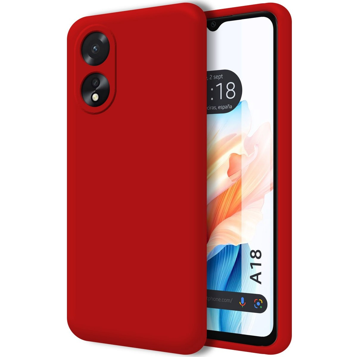 Custodia rossa con telefono. Lo schermo mostra l'ora: 18:18.