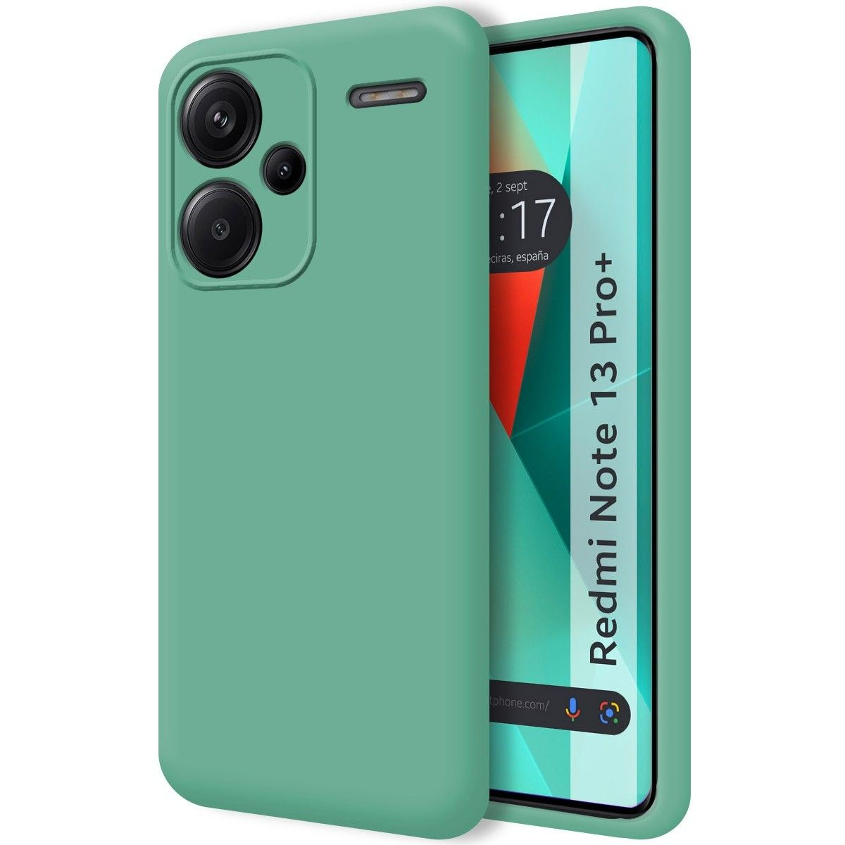 Custodia verde con telefono che mostra una schermata iniziale, con il testo 'Redmi Note 13 Pro+'.