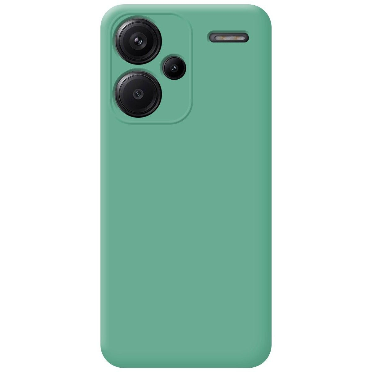 Una custodia verde per telefono con due obiettivi della fotocamera e un ritaglio per il flash.