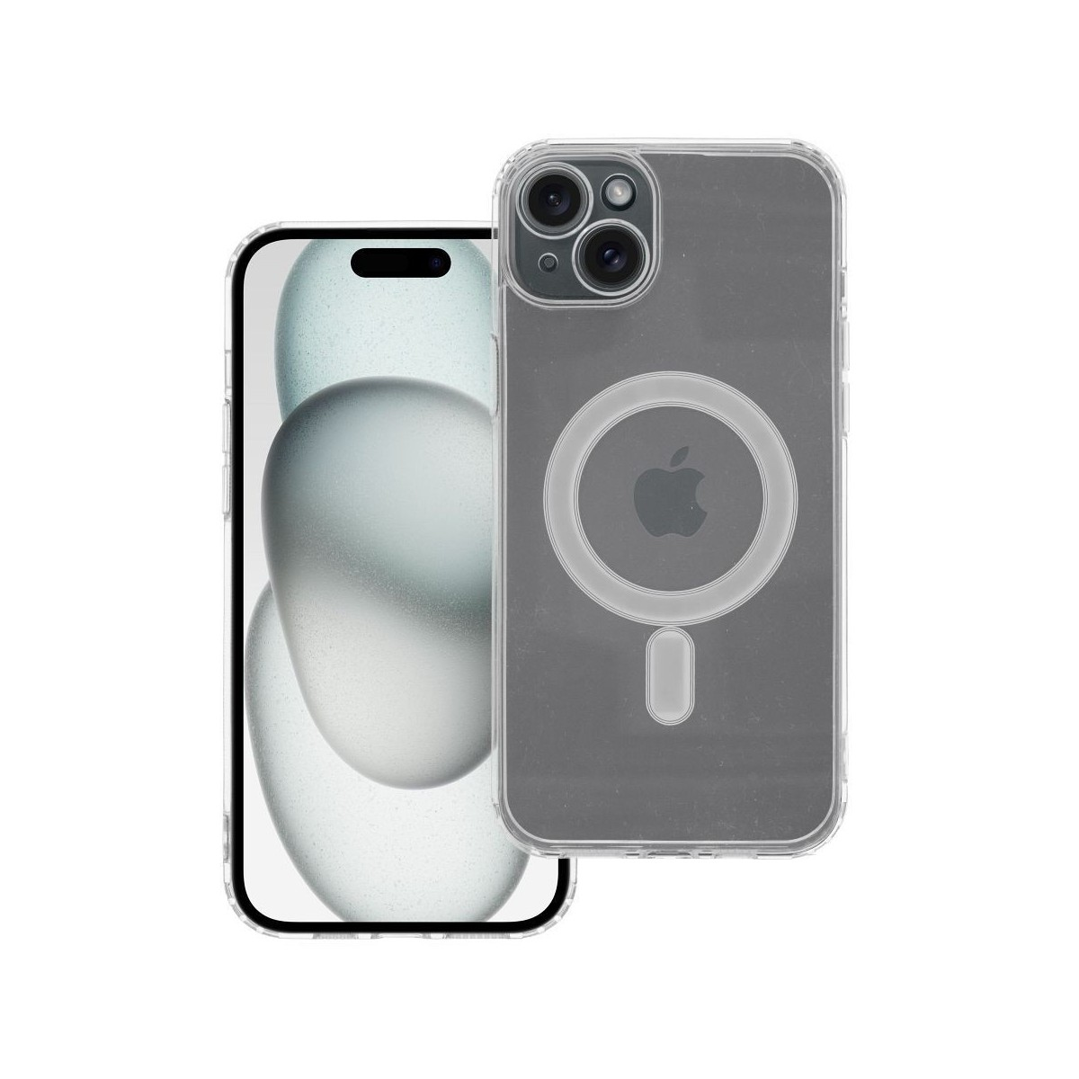 Un telefono con custodia trasparente e anello magnetico su sfondo bianco.