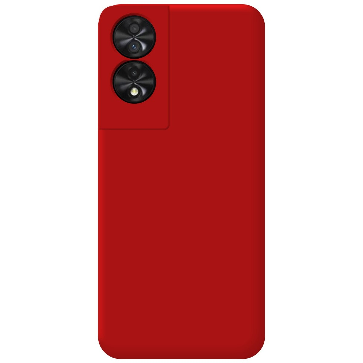 Una custodia per telefono rossa con due obiettivi della fotocamera. Il telefono è di colore rosso pieno, senza schermo visibile.