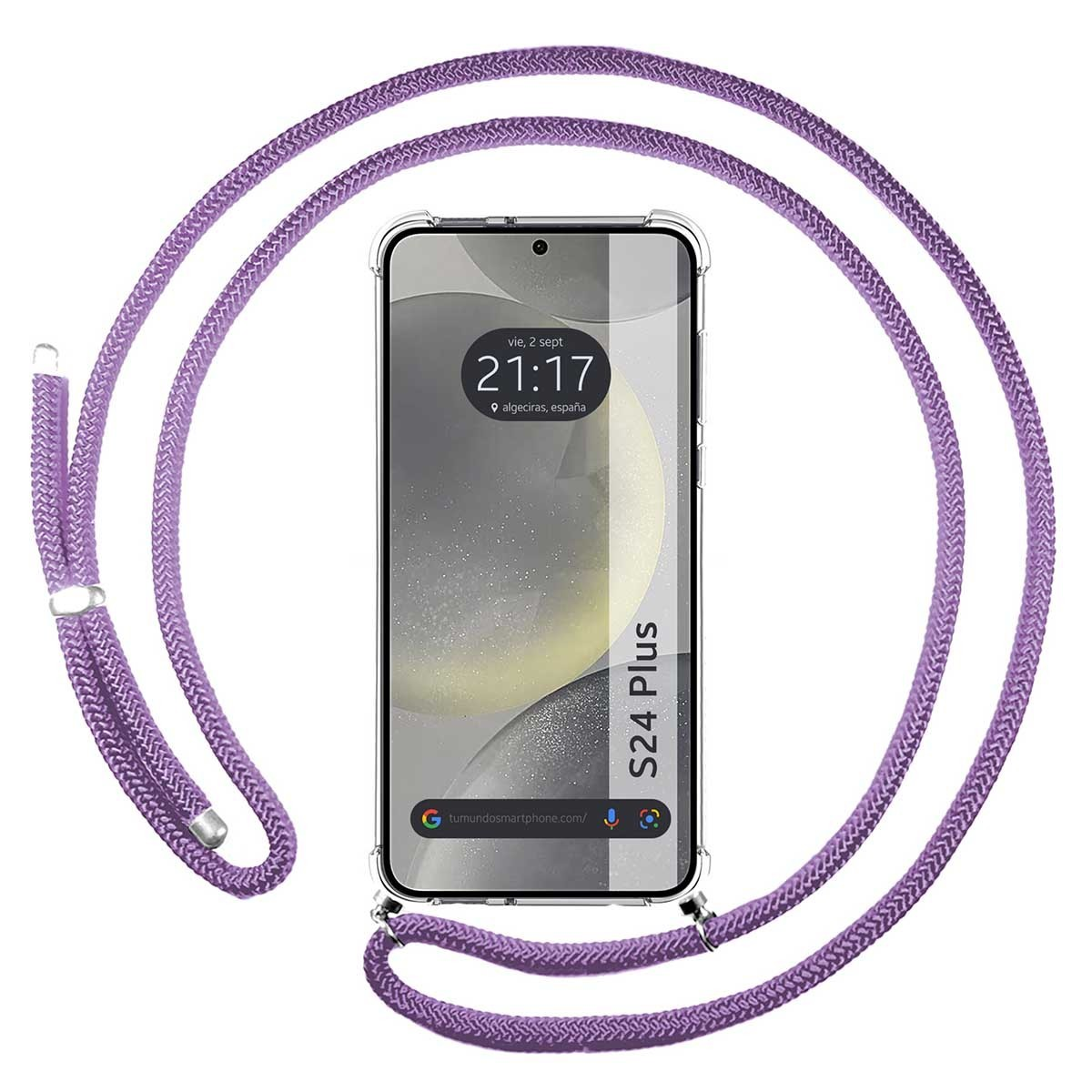 Telefono con cordino viola, che mostra l'ora e la data sullo schermo.