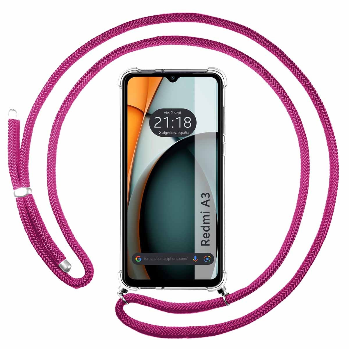 Un telefono con un cordino. Il cordino è rosa.