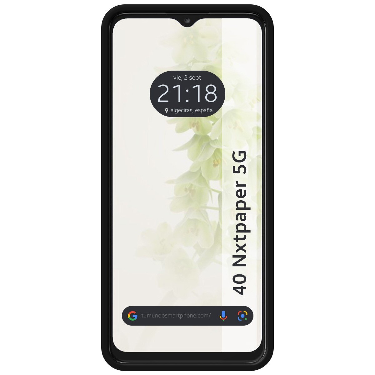 Uno smartphone con sfondo floreale e il testo '40 Nxtpaper 5G'.
