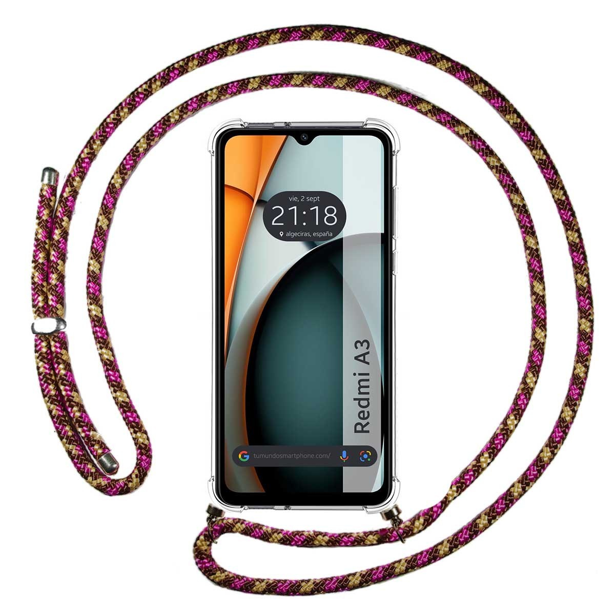 Smartphone in una custodia trasparente con cordino decorativo. Lo schermo mostra un orologio e un design astratto.