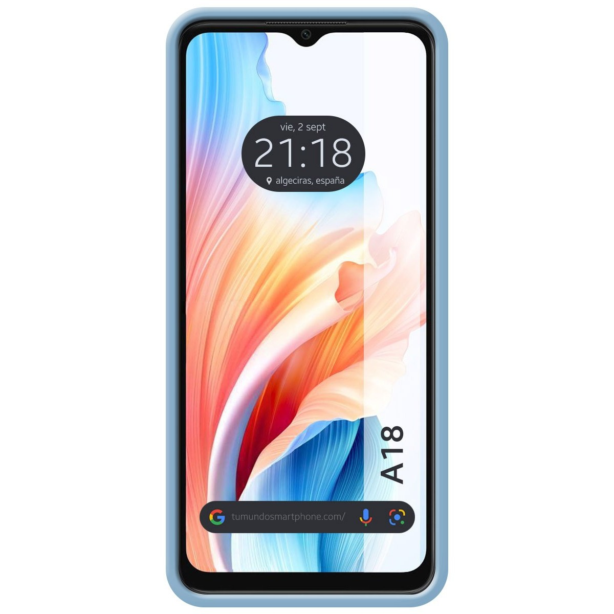 Telefono A18 in custodia azzurra, con sfondo astratto colorato.