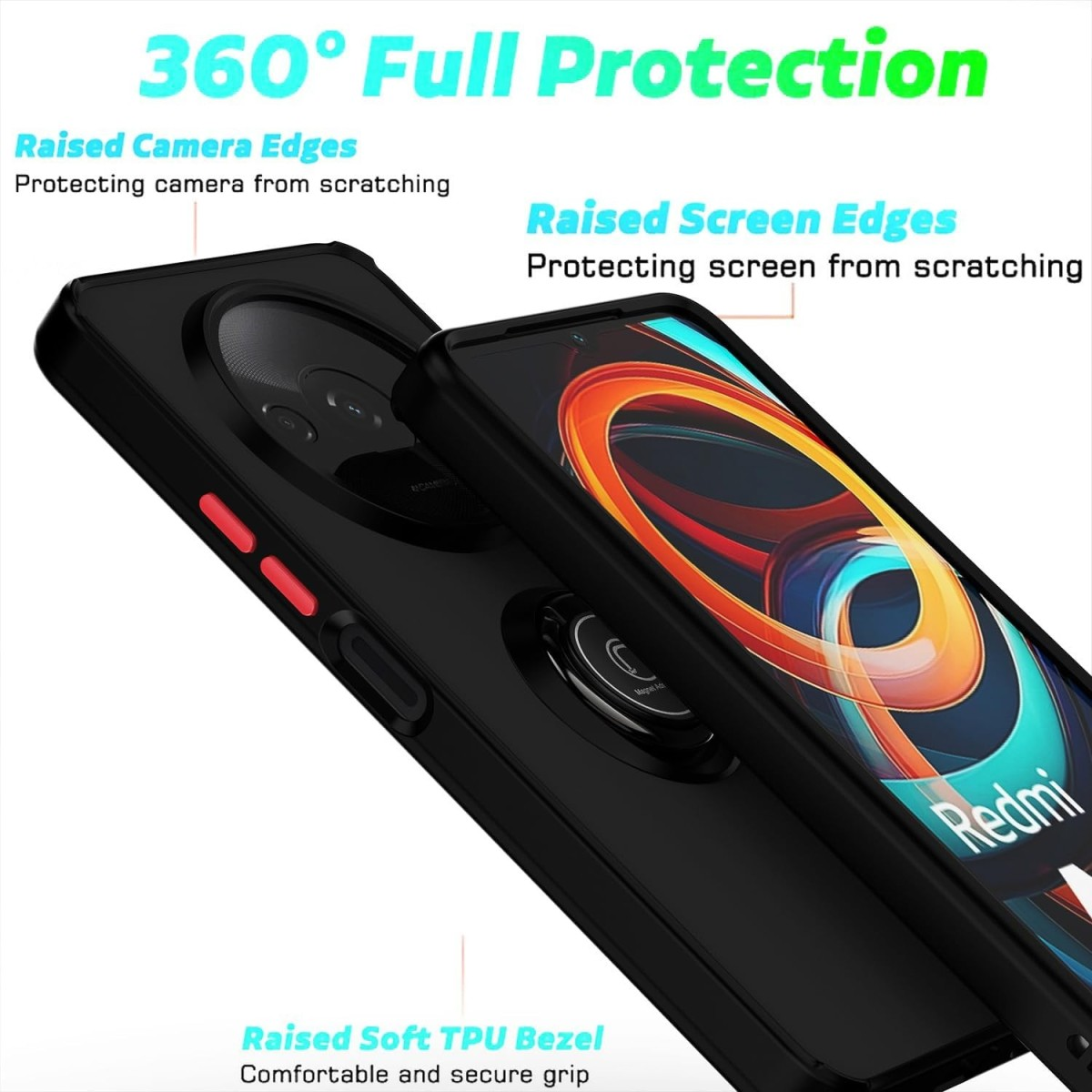 Custodia per telefono nera. La custodia ha bordi rialzati per fotocamera e schermo con il testo '360° Full Protection'.