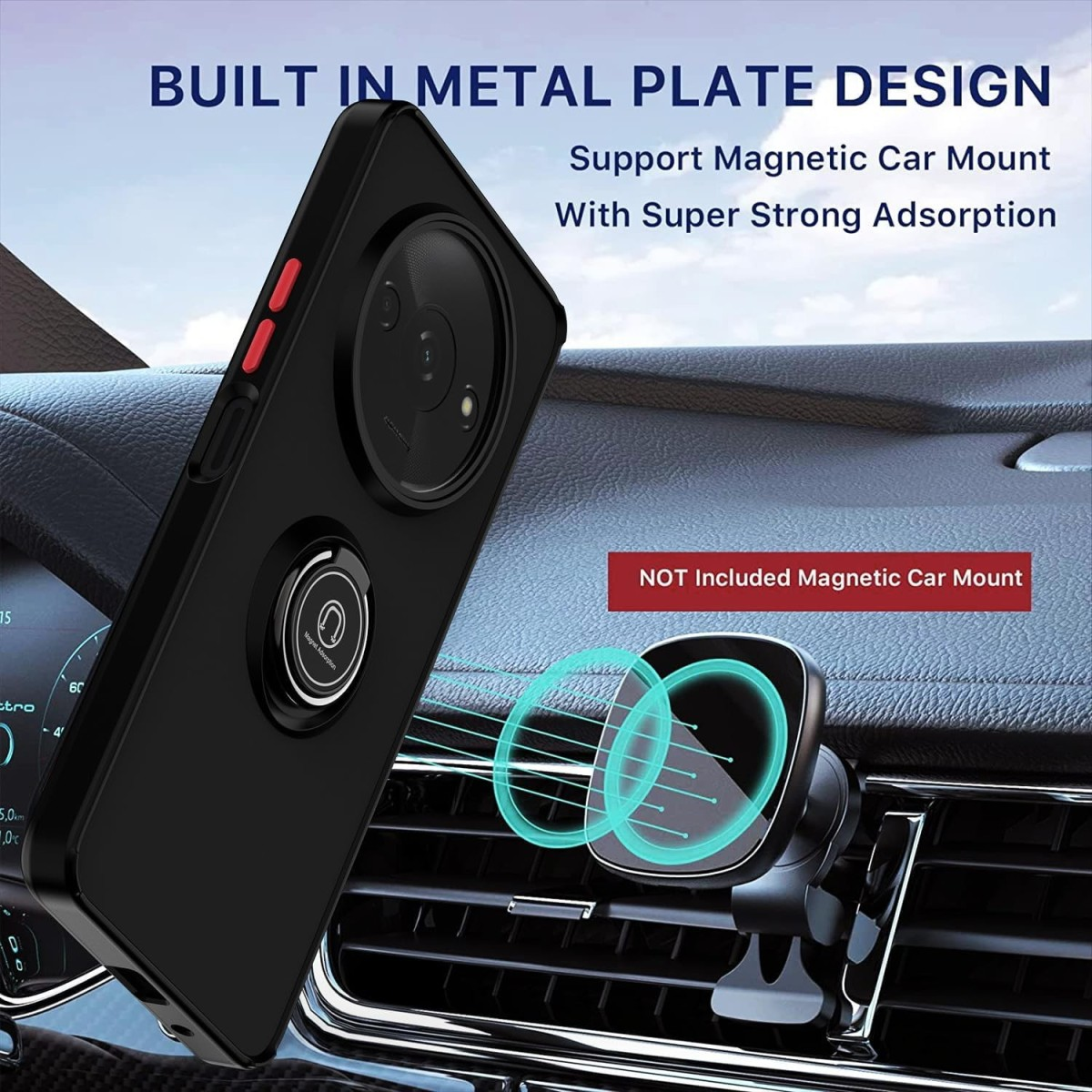Custodia nera nel supporto auto. Testo: Design piastra metallica integrata. Supporto magnetico per auto.