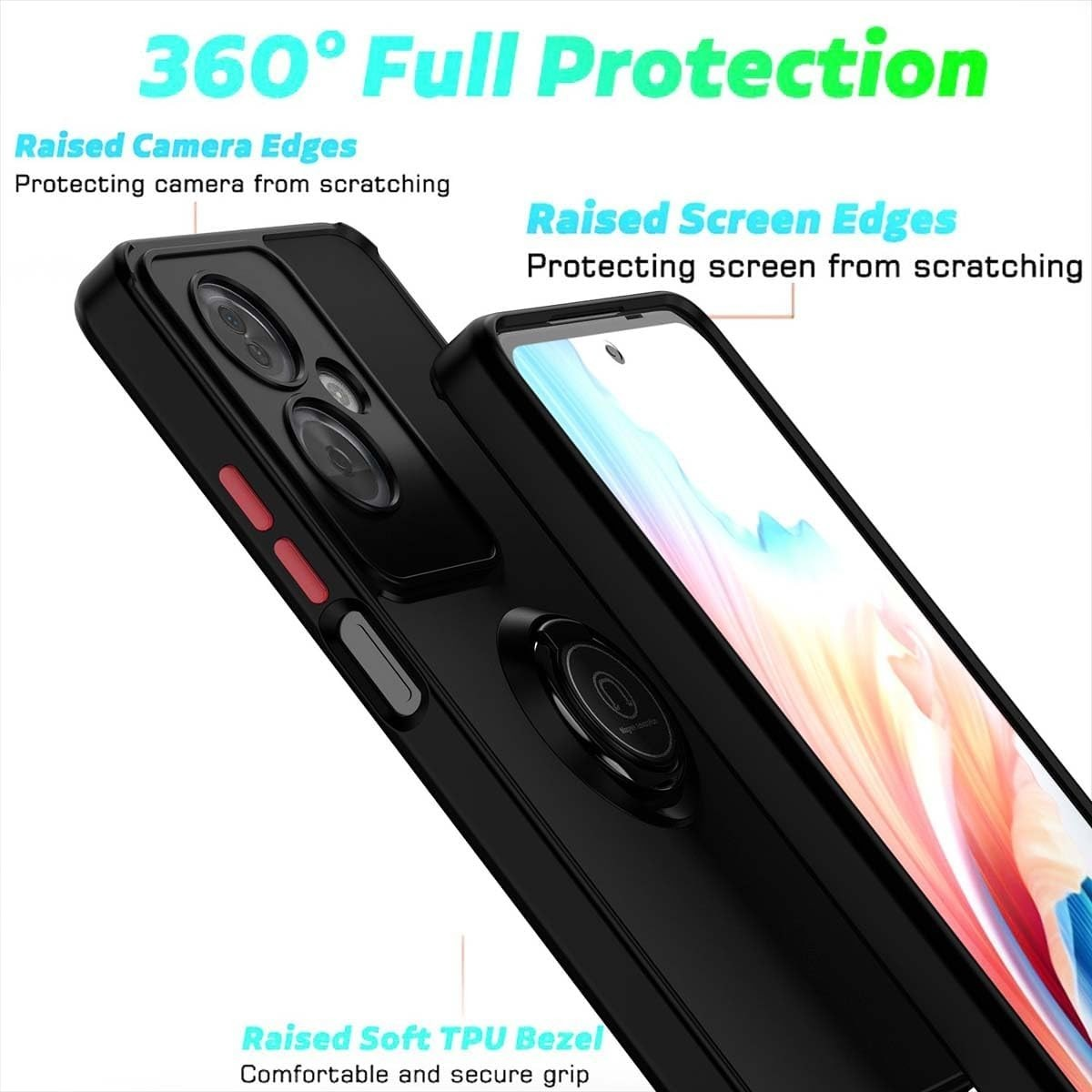 Primo piano della custodia del telefono nera. Testo: 360° Full Protection, Raised Edges.