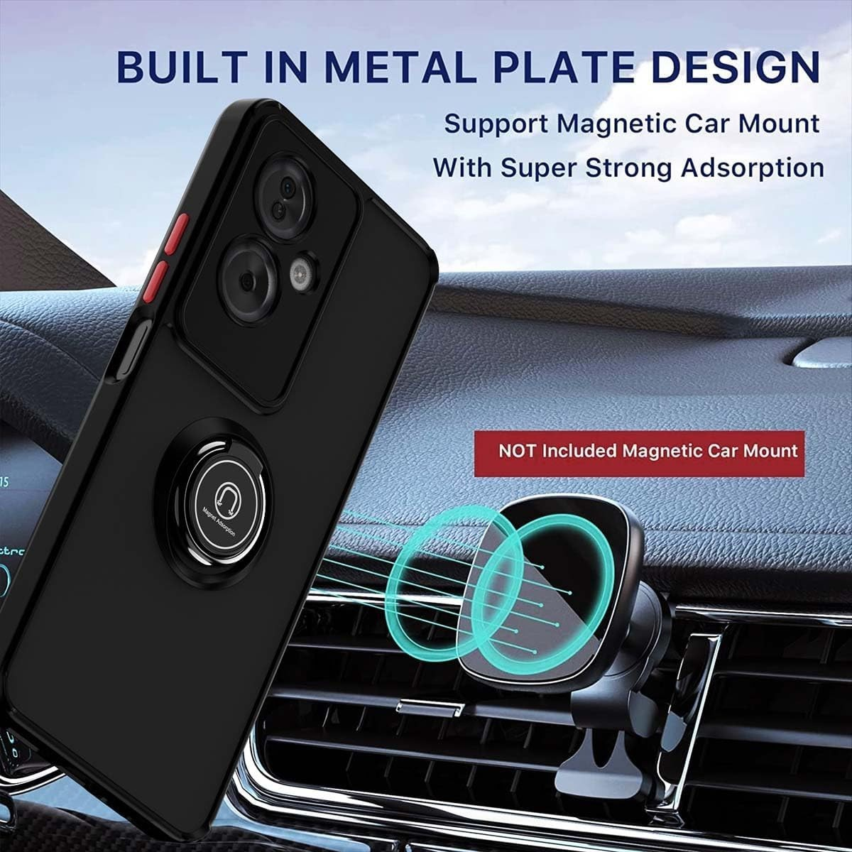 Custodia nera con anello, supporto auto magnetico, testo sul supporto magnetico.