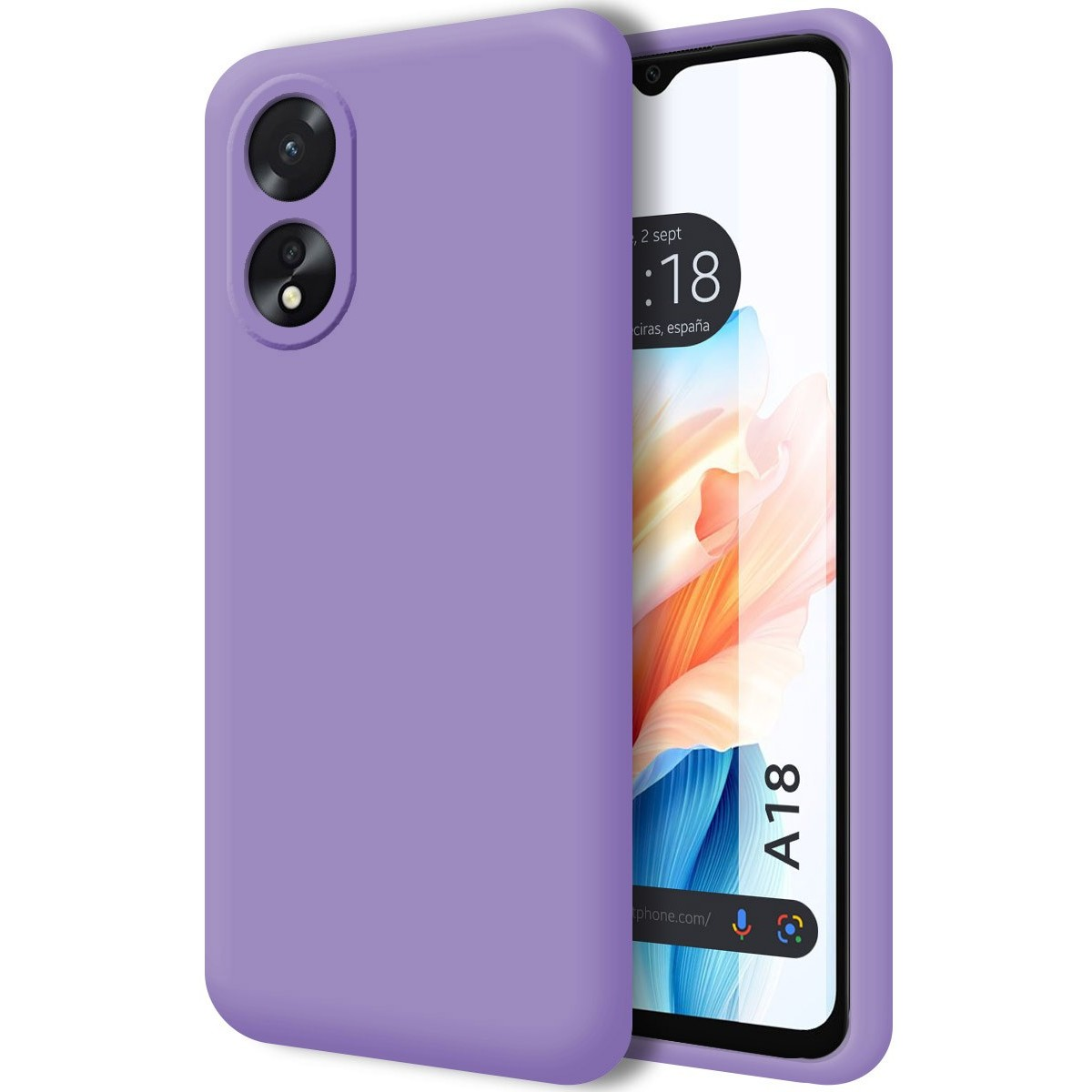 Un telefono in una custodia viola. Lo schermo del telefono mostra data/ora e testo A18.