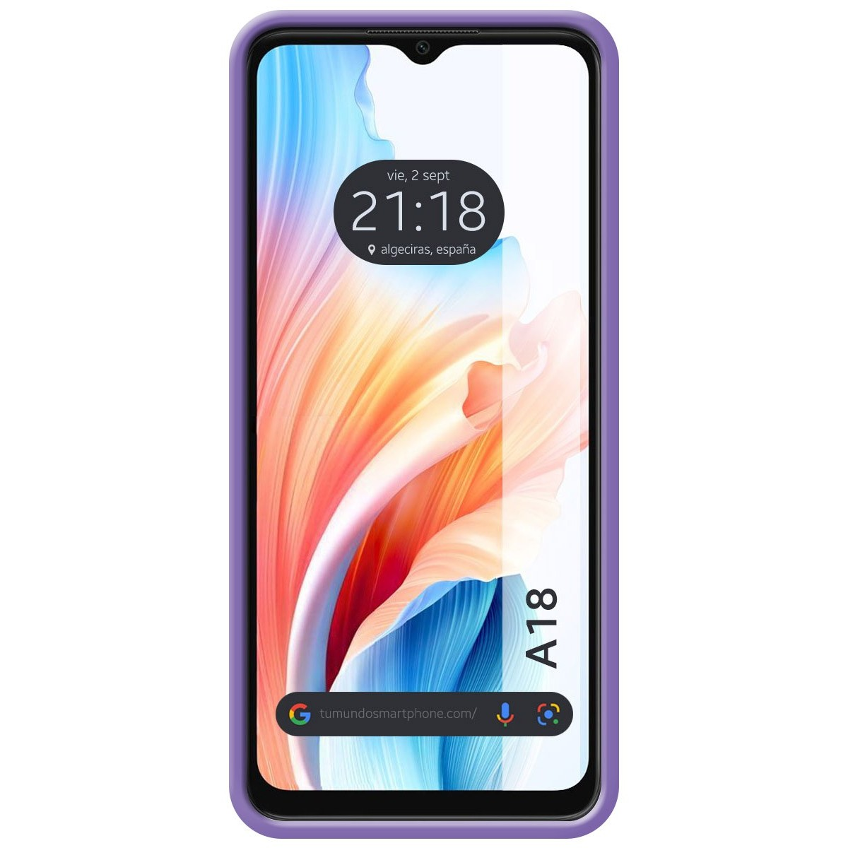 Telefono viola con schermo colorato che mostra l'ora e un indirizzo web.