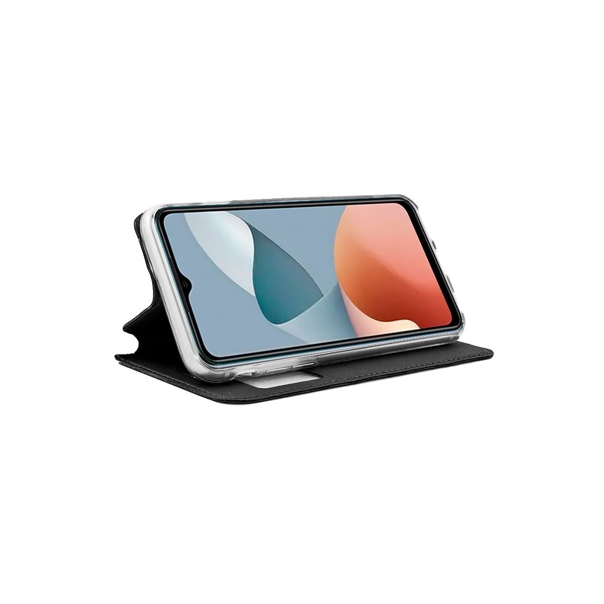 Uno smartphone, in una custodia nera a portafoglio, è angolato verso l'alto. Lo schermo mostra una colorata interfaccia utente.