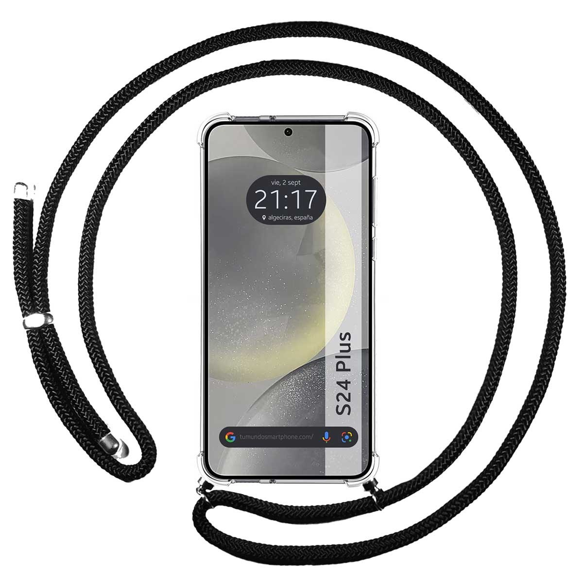 Telefono nero con cordino nero. Lo schermo mostra la data e l'ora. Lo sfondo è un muro sfocato.