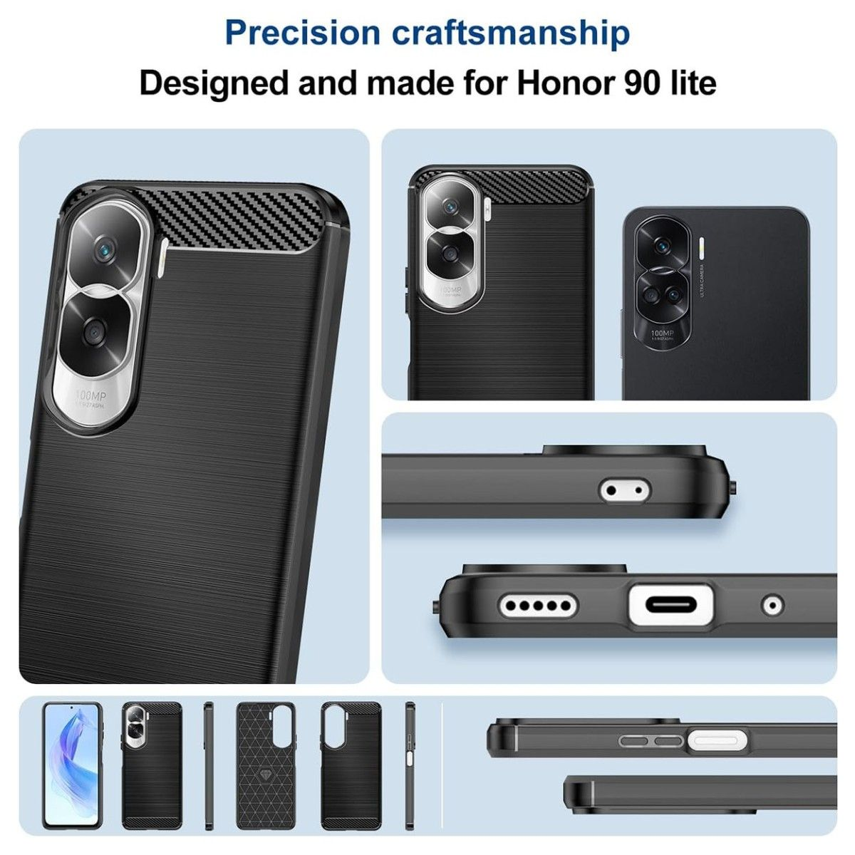 Componenti del telefono Honor 90 lite. Multiple viste mostrano il telefono, la custodia e i dettagli.