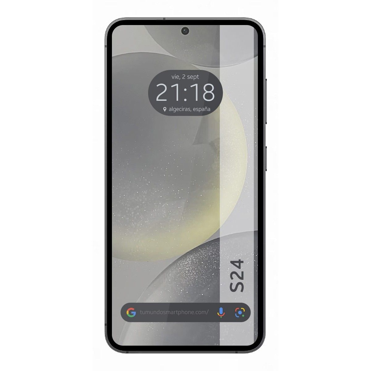Telefono nero con display che mostra ora e data. Lo schermo è leggermente sfocato.