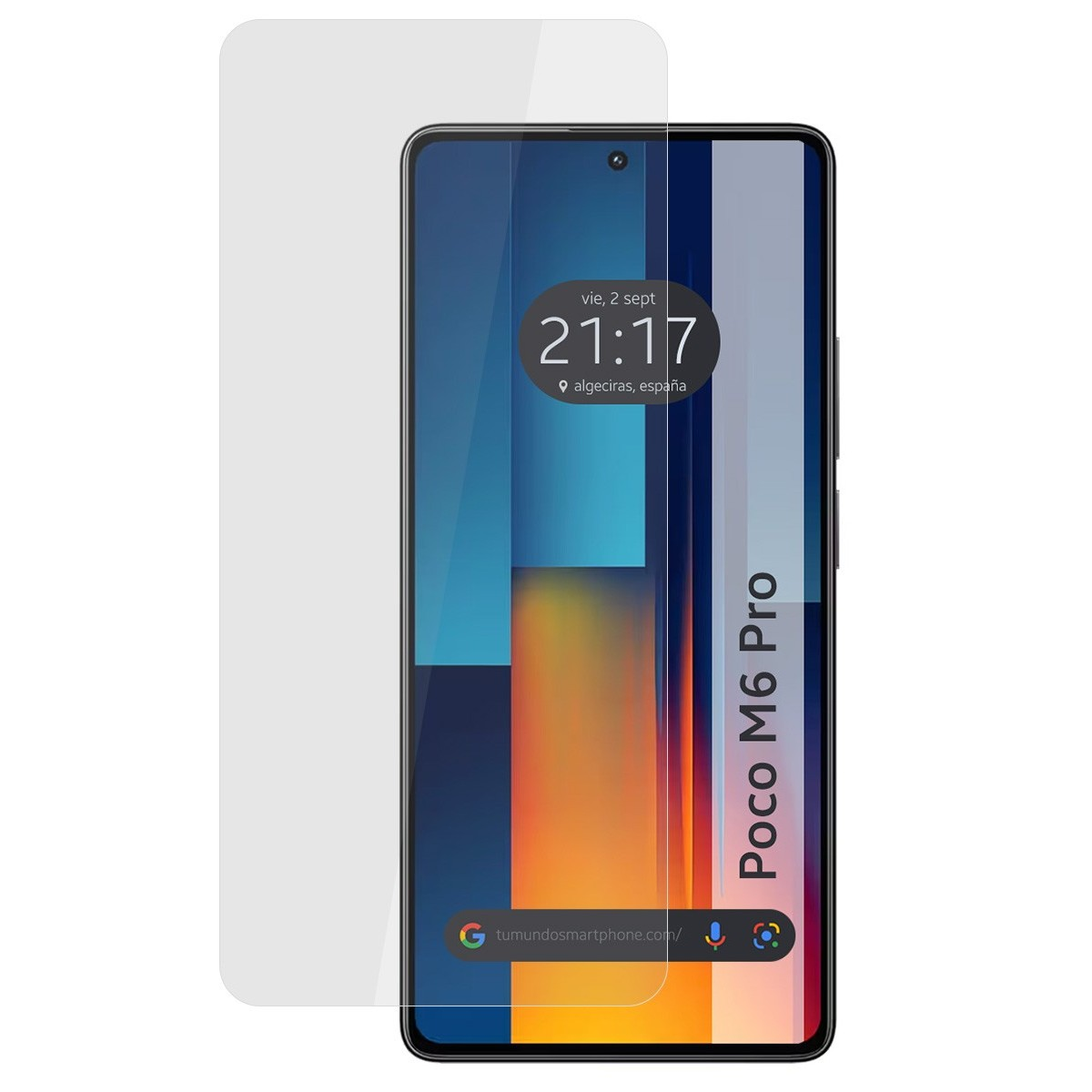 Un telefono Poco M6 Pro con protezione schermo applicata, che mostra l'ora e la posizione.