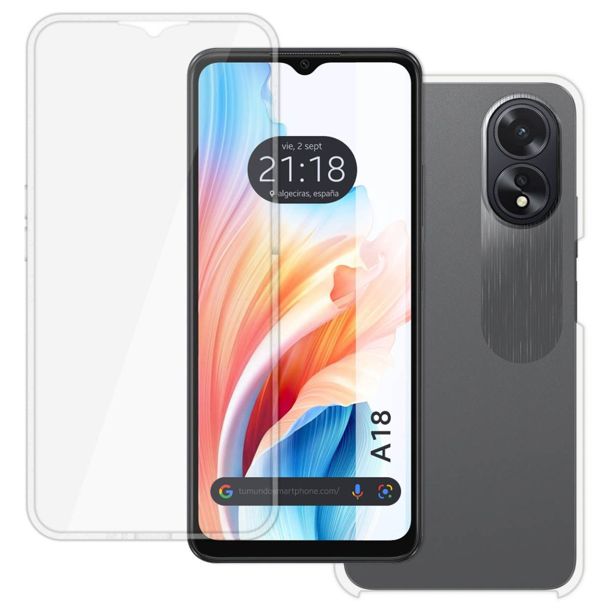 Telefono con protezione schermo, il telefono è A18 e ha una custodia. Vengono visualizzati ora e data.
