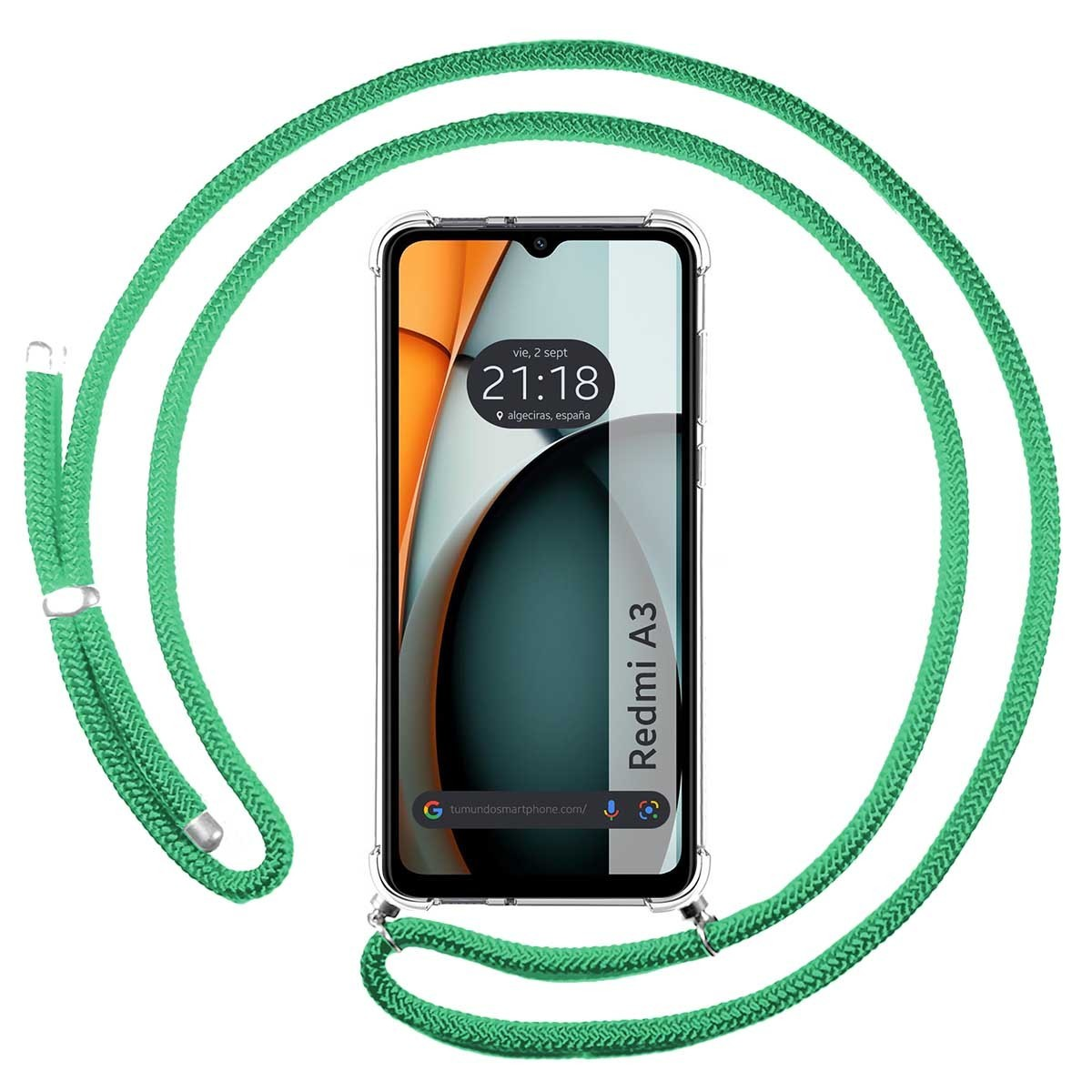 Smartphone con custodia a cordino verde. Il telefono mostra l'ora e la data sullo schermo.