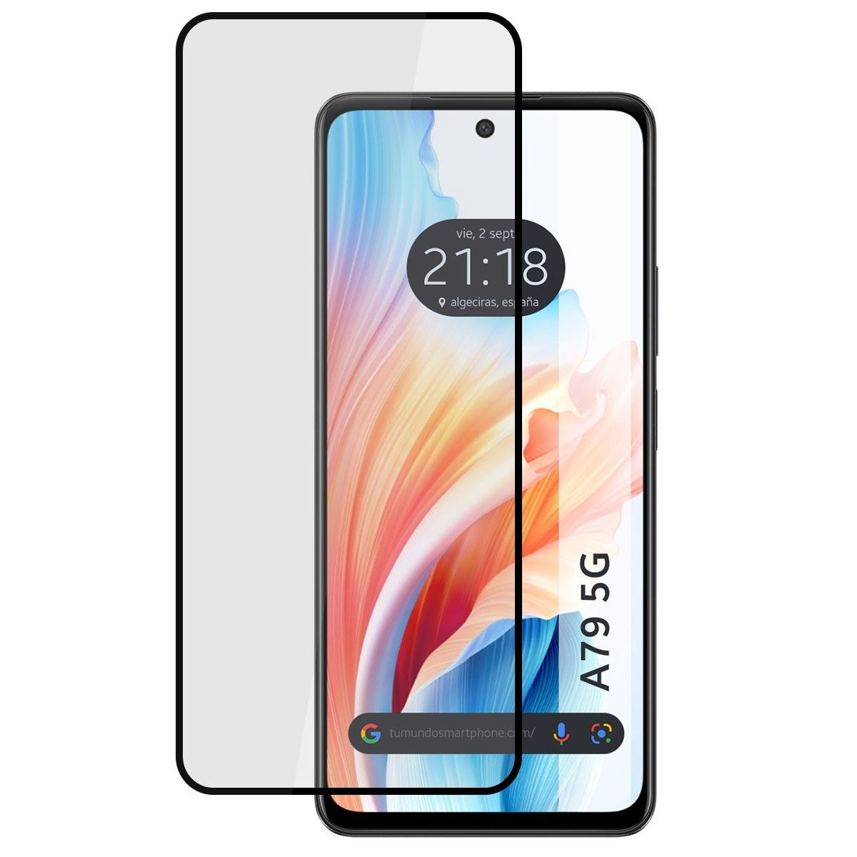 Una protezione per lo schermo e un telefono che mostra l'ora e la posizione.