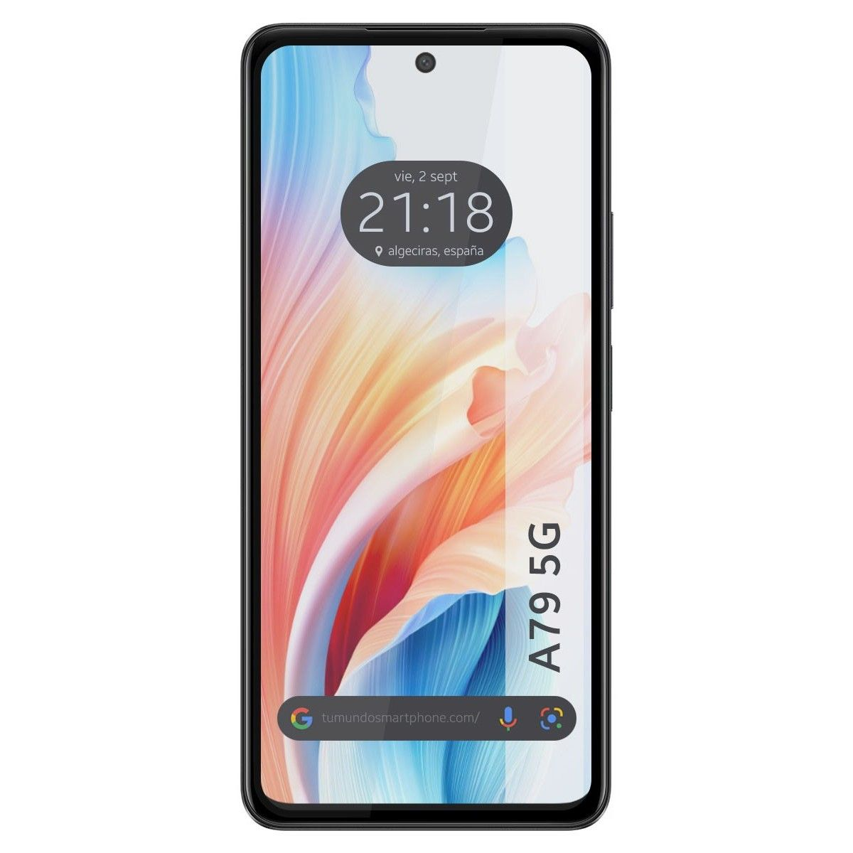 Uno smartphone, con un ampio schermo che mostra un design astratto colorato e le parole A79 5G.