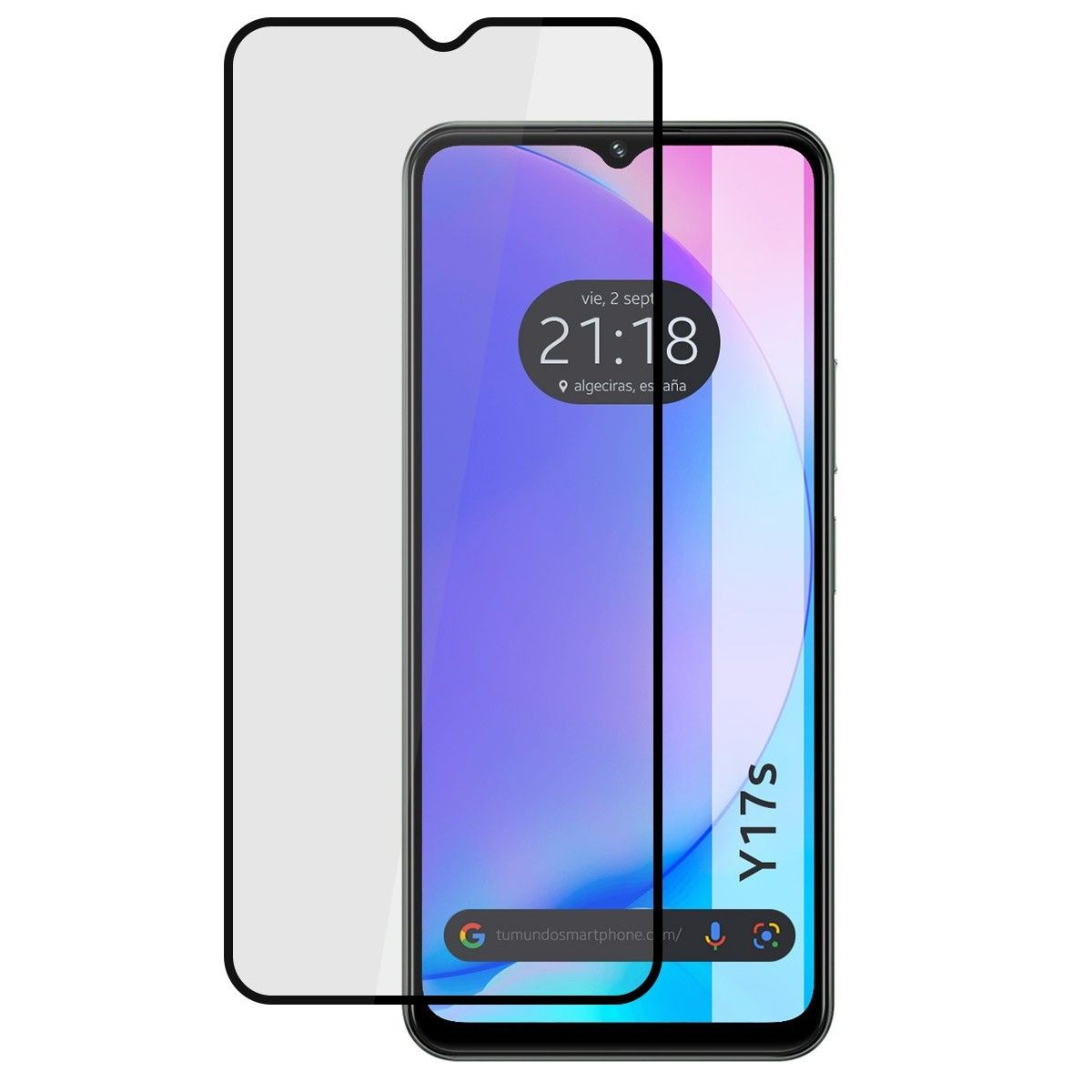Un proteggi schermo con un telefono che mostra uno schermo con visualizzazione dell'ora e sfondo bianco.