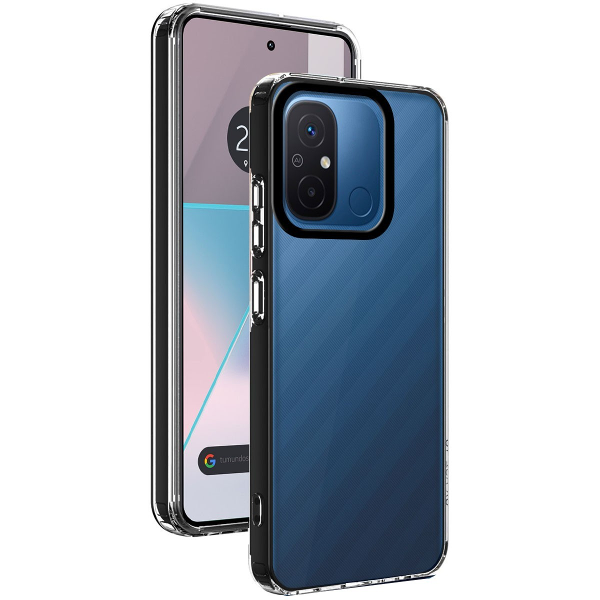 Custodia blu per telefono con un telefono all'interno, che mostra la vista posteriore e laterale.