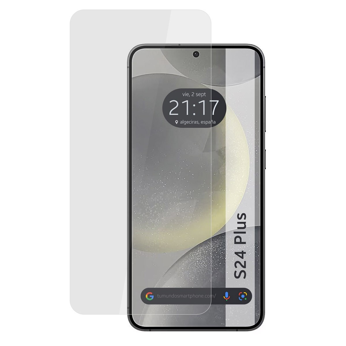Smartphone y protector de pantalla. La pantalla muestra la hora y la fecha.