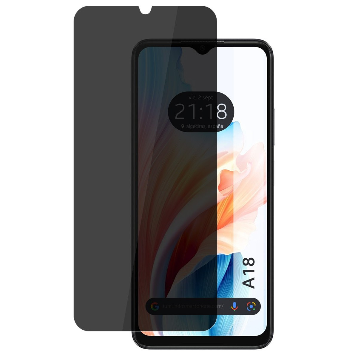 Telefono con protezione schermo, che mostra data/ora, sfondo astratto e il testo A18.