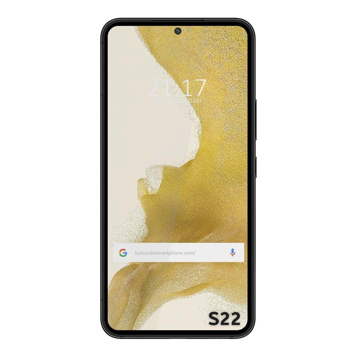 Smartphone nero, lo schermo mostra una barra di ricerca web e la scritta 'S22'.