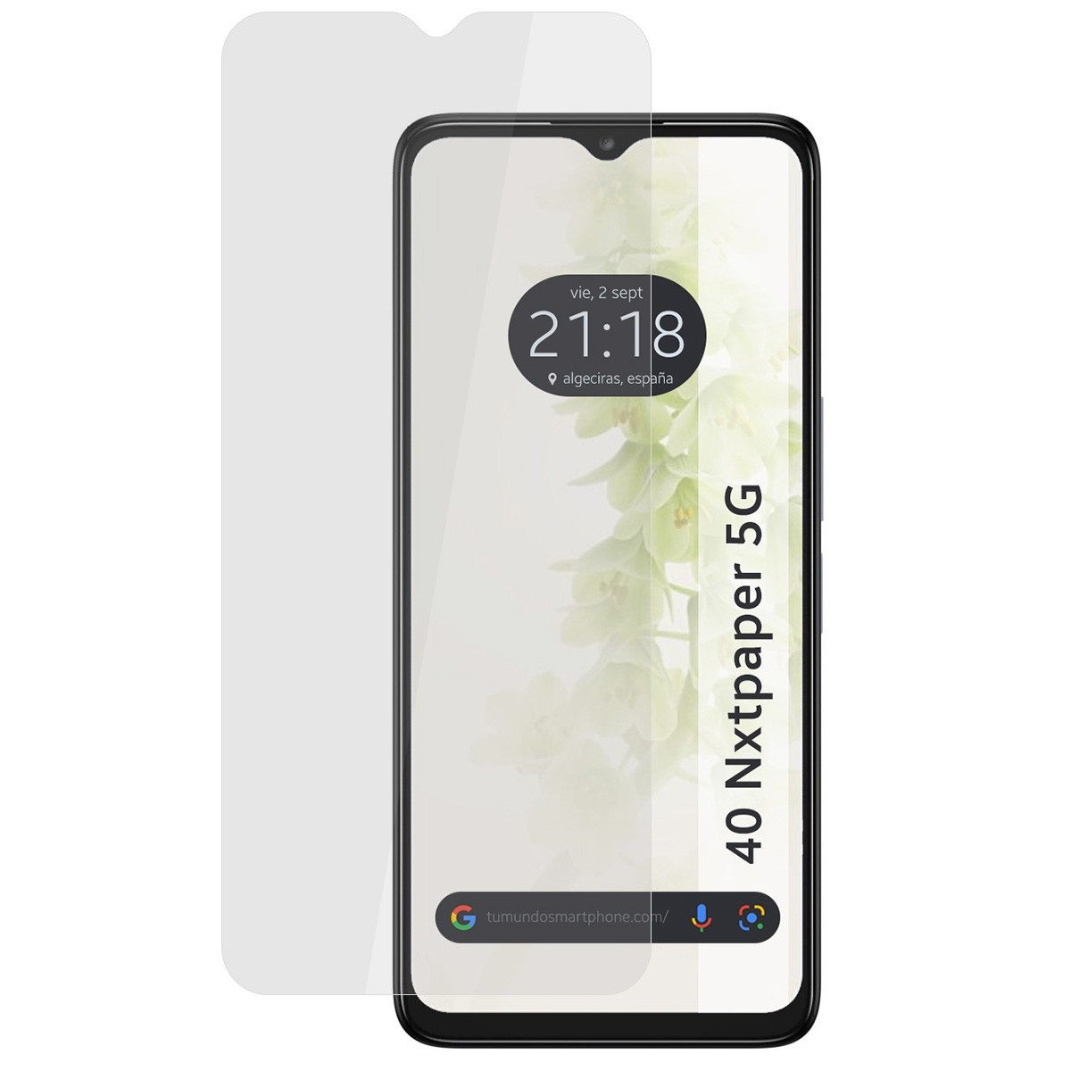 Telefono 40 Nxtpaper 5G con protezione schermo. Mostra l'ora, sfondo floreale.