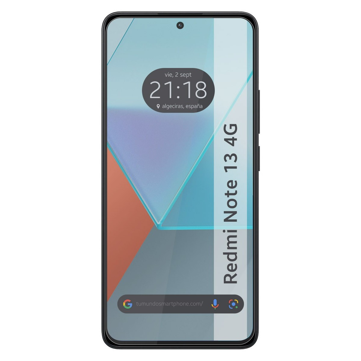 Una pantalla de smartphone que muestra la hora y la ubicación. El teléfono es negro, y el texto Redmi Note 13 4G es visible.