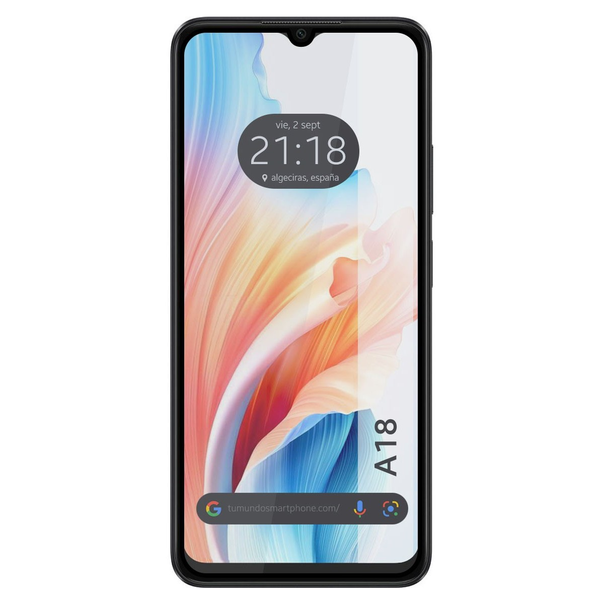 Un telefono nero con uno schermo che mostra un design astratto colorato e l'ora.