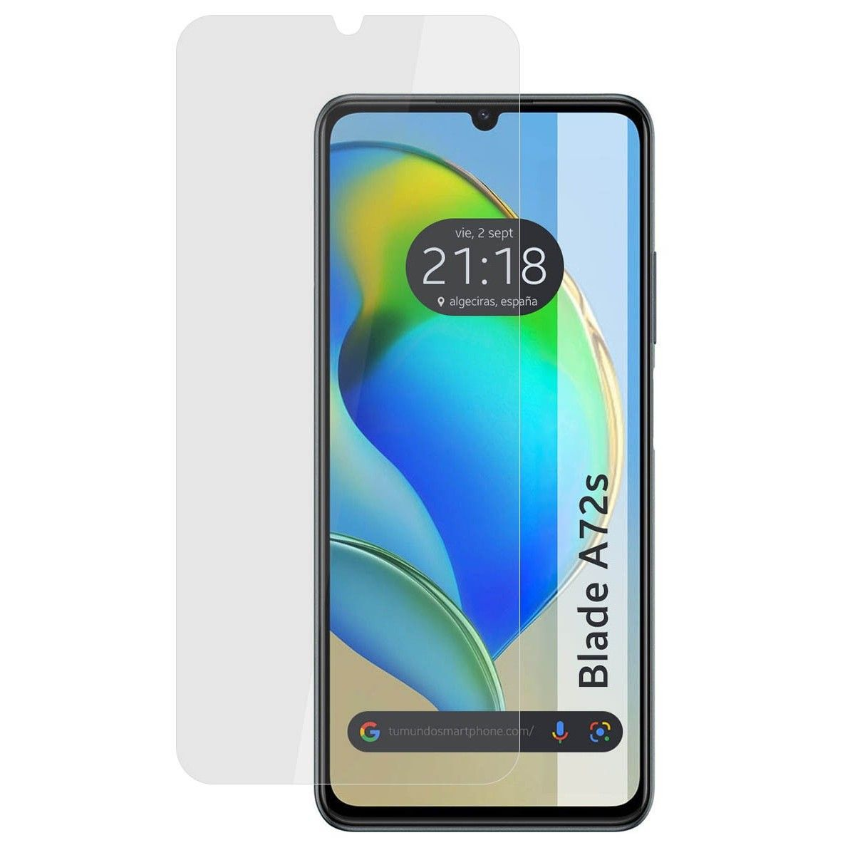 Un telefono con protezione schermo, che mostra un orologio e un sito web. Testo: 'Blade A72s'.