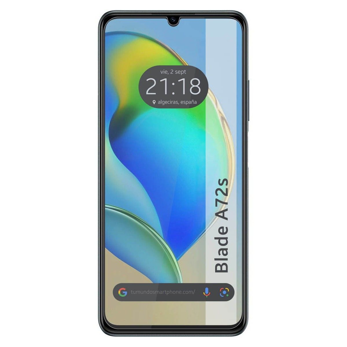 Telefono nero che mostra una grafica blu e gialla sullo schermo, con visualizzazione dell'ora.