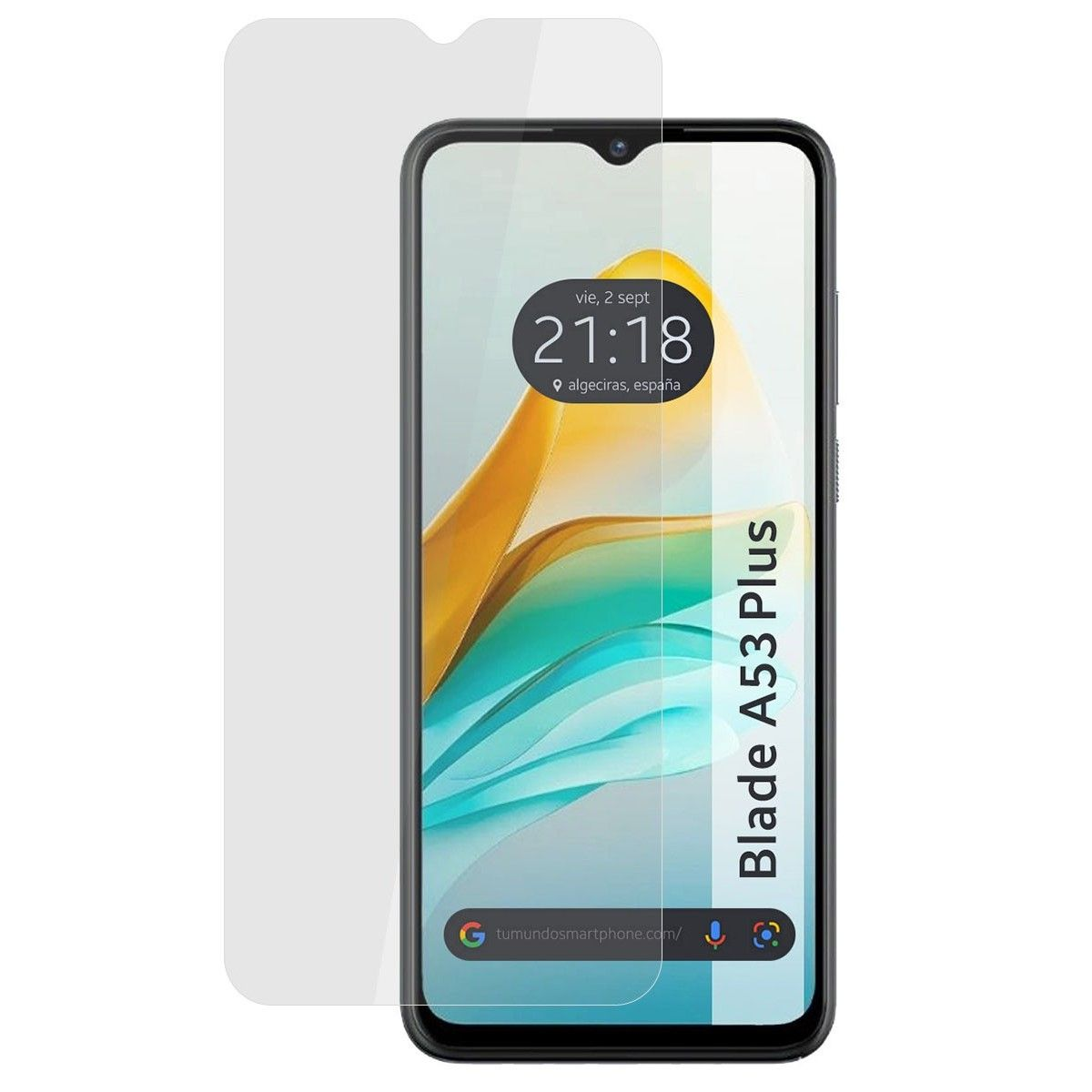 Telefono con protezione schermo. Il telefono mostra data e ora. Algeciras, Spagna, è scritto. Modello Blade A53 Plus.