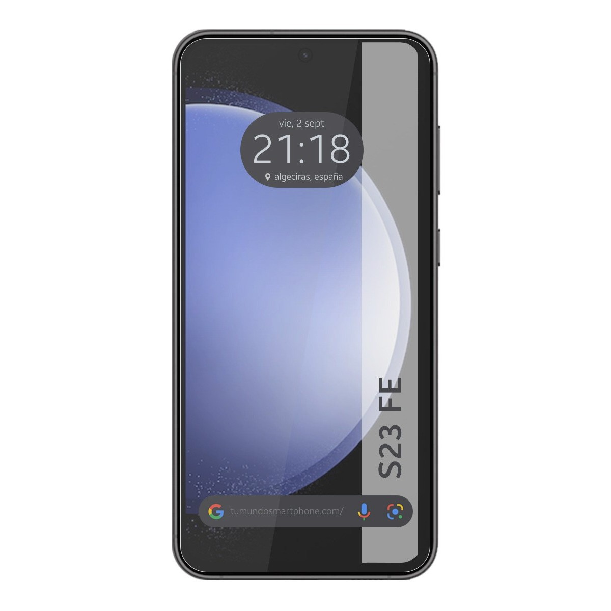 Smartphone nero con schermo che mostra ora e data, testo: S23 FE.