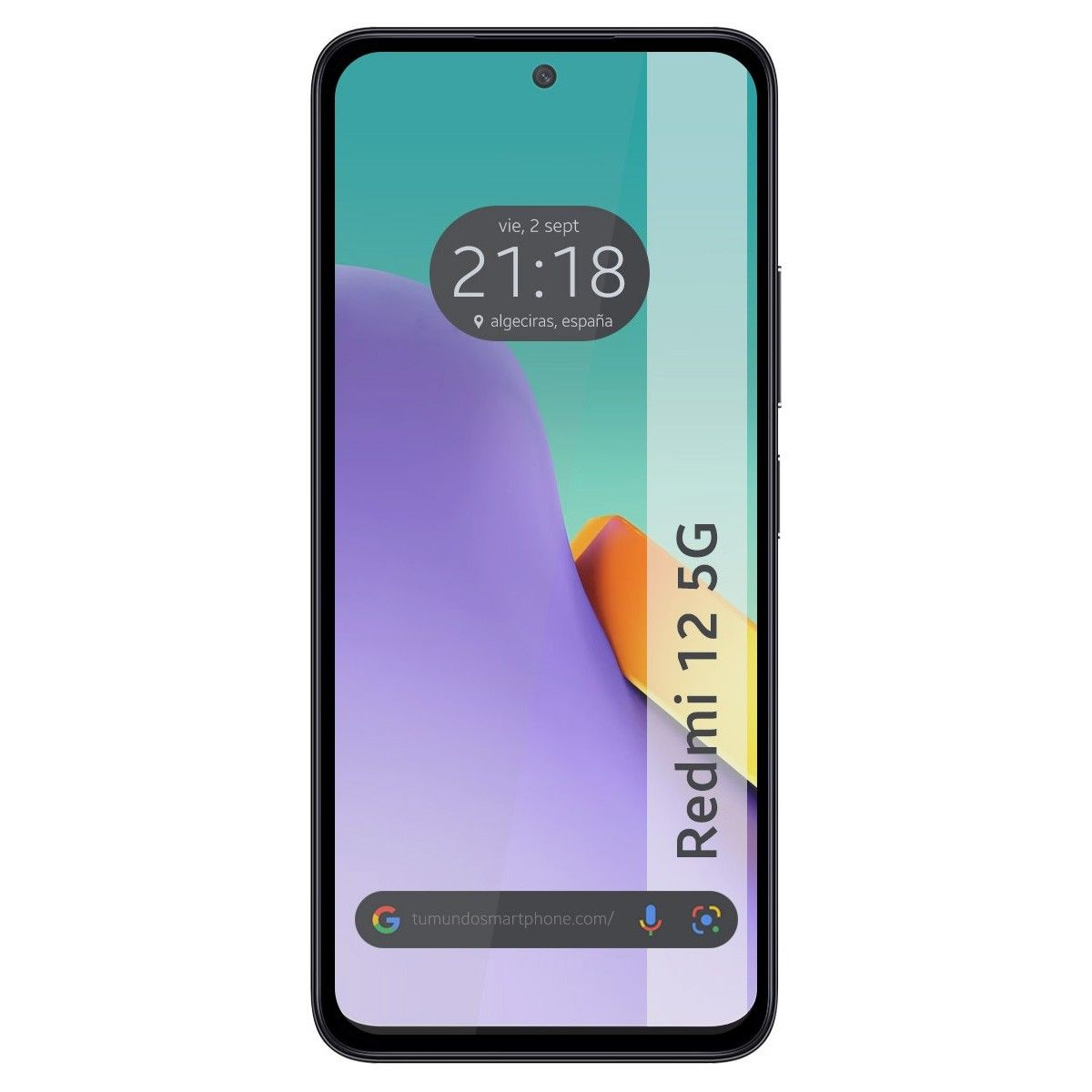 Smartphone con display colorato, mostra l'ora e l'indirizzo di un sito web.