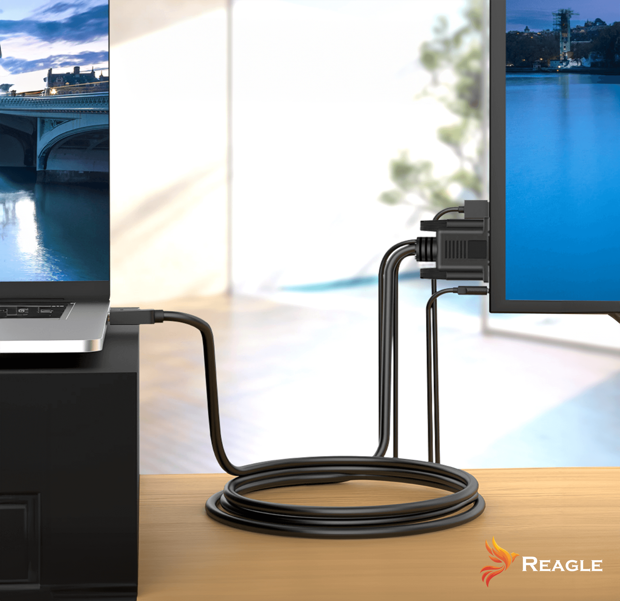 Laptop podłączony do monitora za pomocą czarnych kabli. Monitor wyświetla scenę wodną.