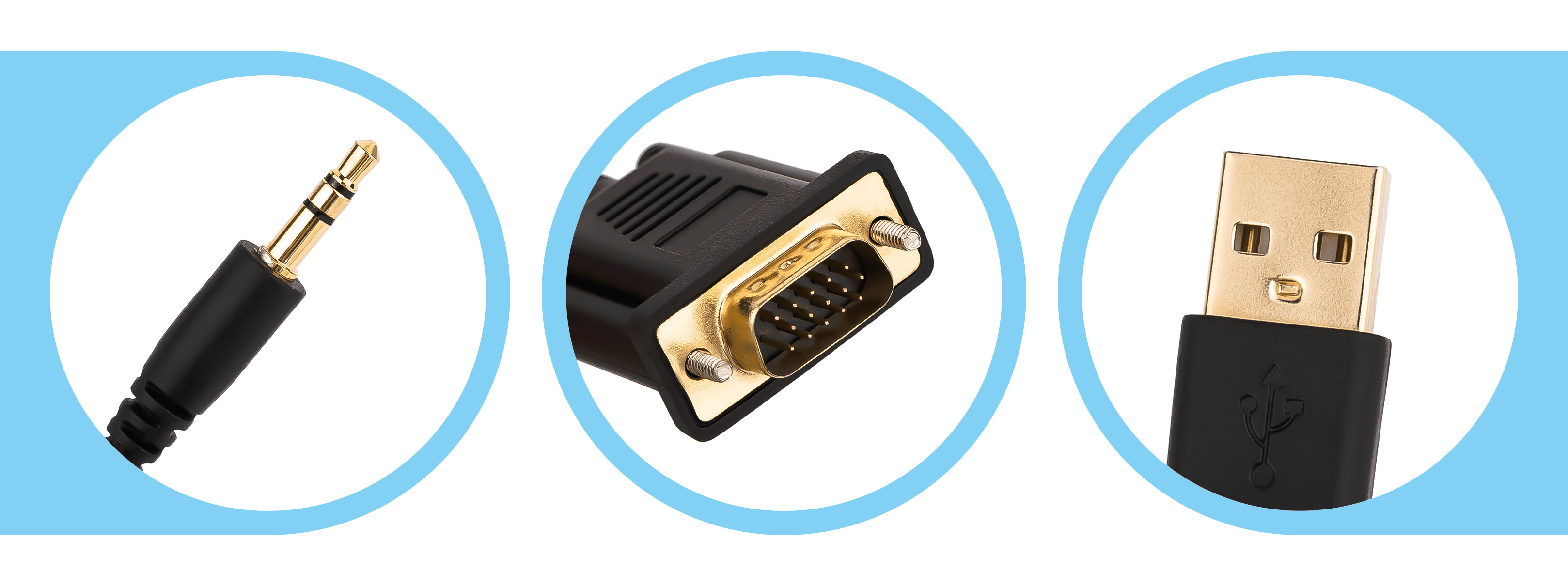Trzy różne typy złączy: gniazdo 3,5 mm, złącze VGA i port USB na niebieskim tle.