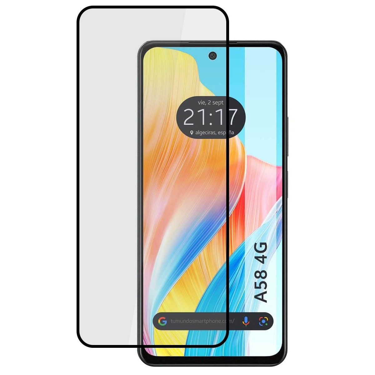 Telefono con protezione schermo. Lo schermo mostra l'ora e le app. La protezione è nera.