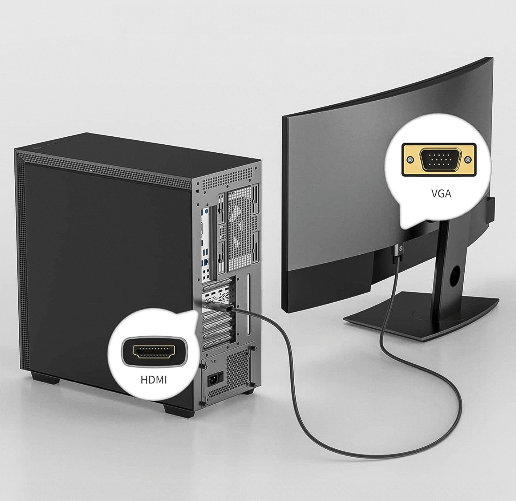 Czarna obudowa komputera podłączona do monitora z połączeniami HDMI i VGA. Biały dymek z tekstem.