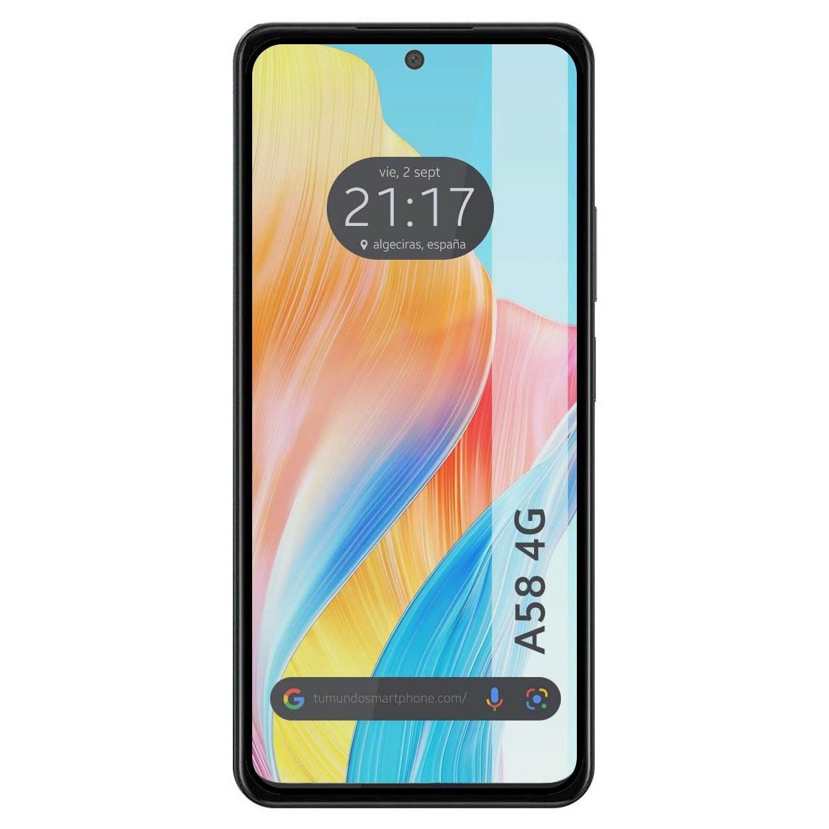 Smartphone che mostra ora, data e posizione. Lo schermo mostra un design astratto colorato. A58 4G.
